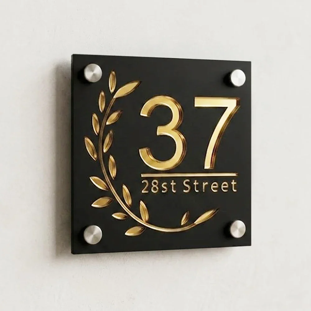 custom-house-number-plaque-black-acrylic-address-sign-with-recessed-gold-numbers-olive-branch-design-modern-villa-door-sign