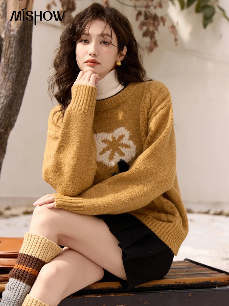 

MISHOW Knitted Round Neck Graphic Sweater Women Casual Loose Retro Pullover Jumper Woman Soft High Quality Top Female MXC59Z0489