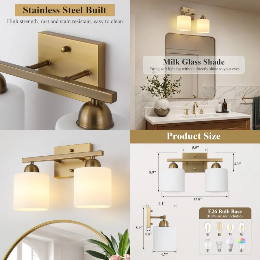 

Milk Glass Vanity Lights for Bathroom, Antique Matte Bathroom Vanity Fixtures Over Mirror, Ceramic E26 Sockets Wall Mounted