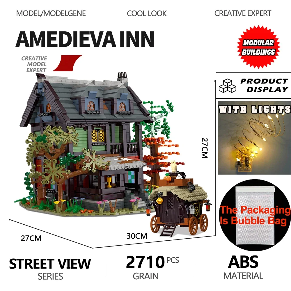 Street View casa medievale Amedieva Inn Building Blocks Assembly City Model Architecture Bricks con luci giocattoli per regali per bambini
