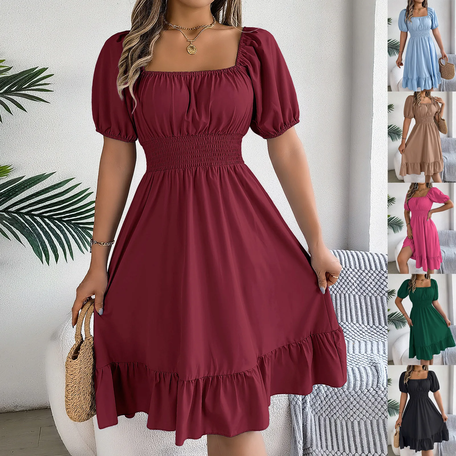 

Summer Casual Square Neck Short Sleeved Waist Cinched Ruffle A-line Solid Skirt Mini Dress for Women