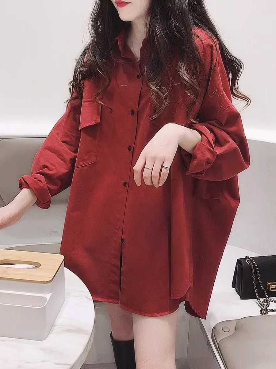

plus Size Retro irt Jaet Women Spring Loose Long Sve Mid-Length Collar Blouse Casual Comfortable Outerwear