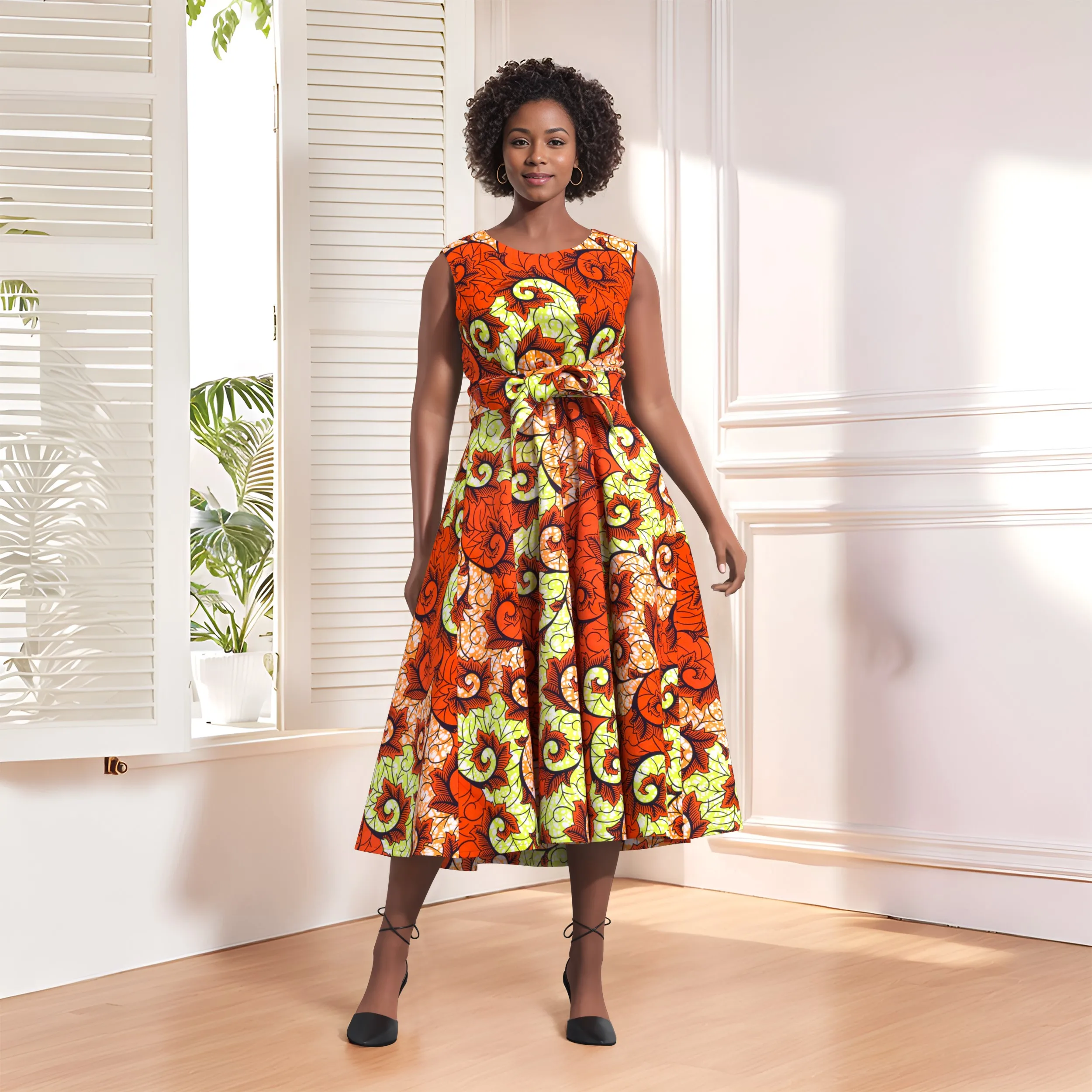 Women's African Wax Print Sleeveless Midi Dress Ankara A-Line Flared Dress with Belt Ethnic Floral Pattern Party Dress Wy10622
