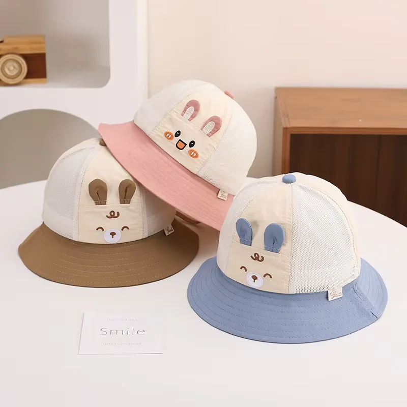

Милая сетчатая рыбацкая шляпа с кроликом, детские солнцезащитные шляпы для девочек, детские панамы с героями мультфильмов, уличная летняя детская солнцезащитная кепка для бассейна, От 1 до 4 лет