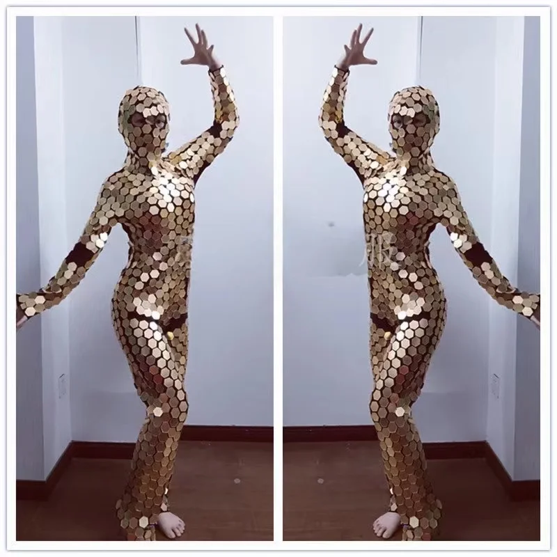 Gold Silver Mirror Bbread Face Jumpsuit Bar Nightclub Performance Costume Singer Dancer Catwalk Show Party Festival Stage Wear