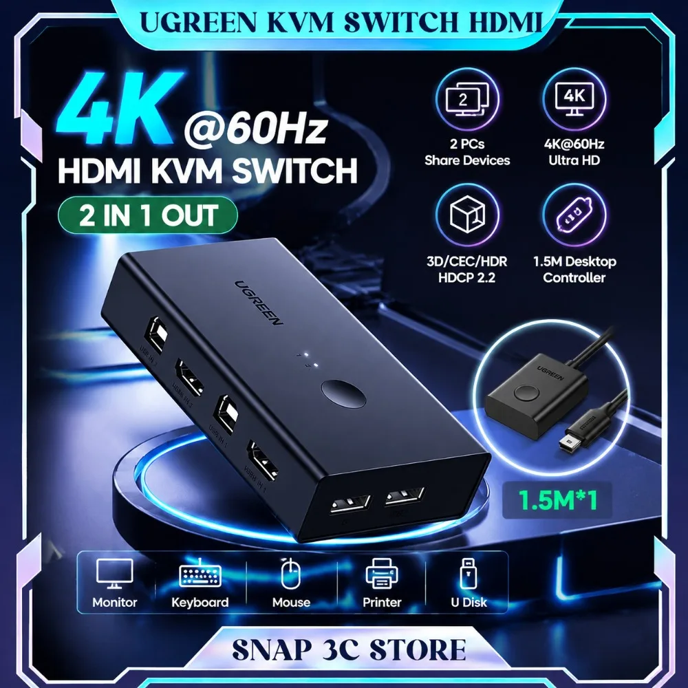 UGREEN HDMI-compatible KVM Switch 4K@60Hz USB 2.0 Switcher 2 in 1 Out for Printer Monitor Mouse 2 PCs Sharing 1 Device Splitter