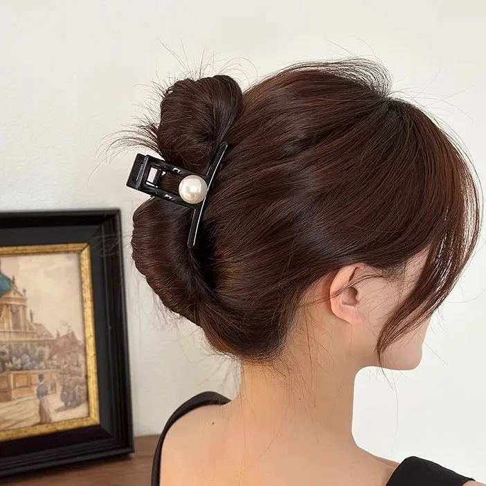 Premium Shark Hair Claw Pearl Accent Sturdy Hold High Volume Simple Elegant Back Head Updo Holder Black