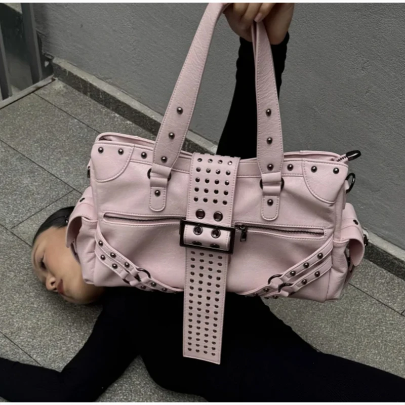 

Pink Rivet Motorcycle Bag Women Vintage Streetwear Large Capacity Tote Bag Y2k Punk Style Pu Leather Underarm Handbag