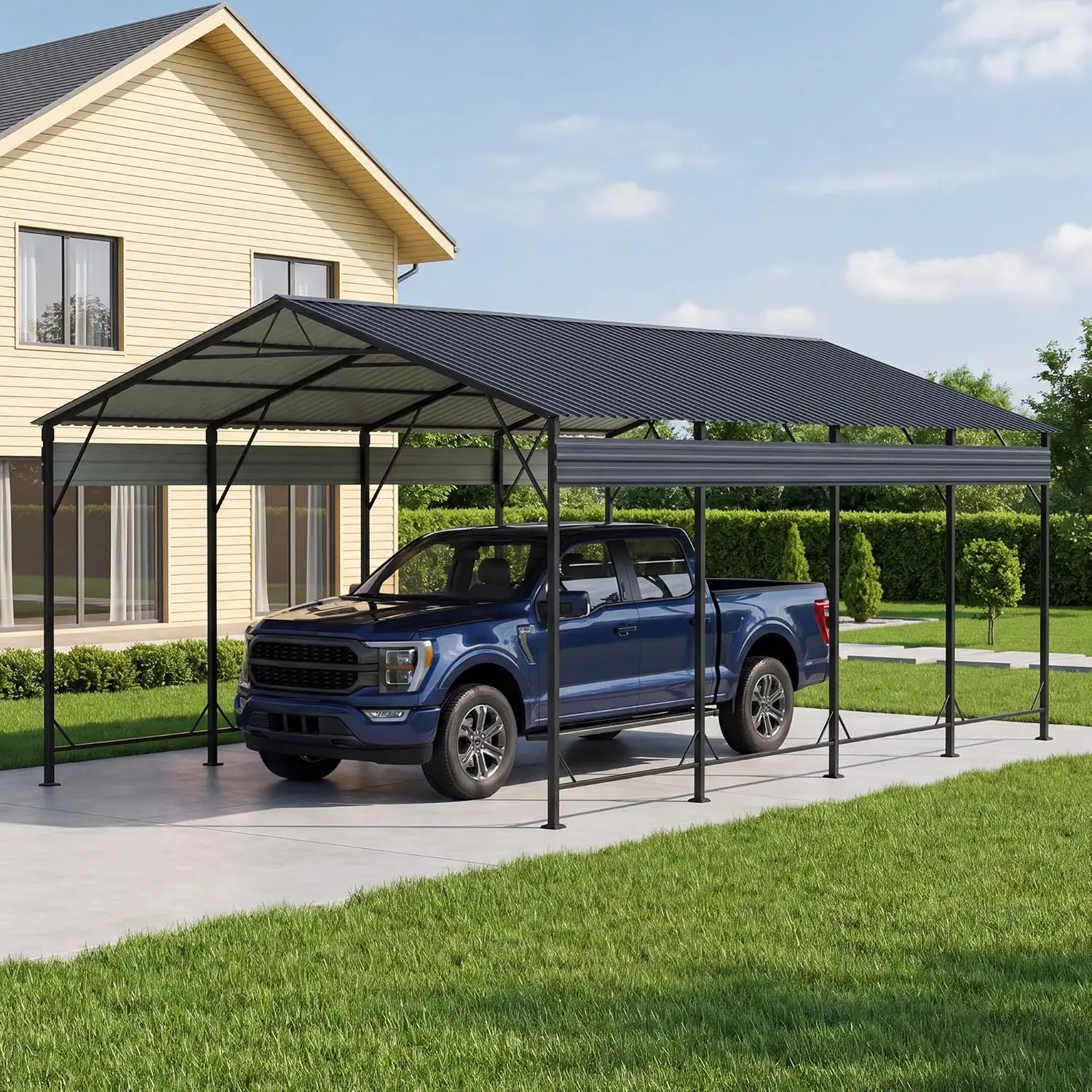12x20 FT Metal Carport, Heavy Duty Car Canopy with Galvanized Steel Roof, Reinforced Base Frame, All-Weather, Customized