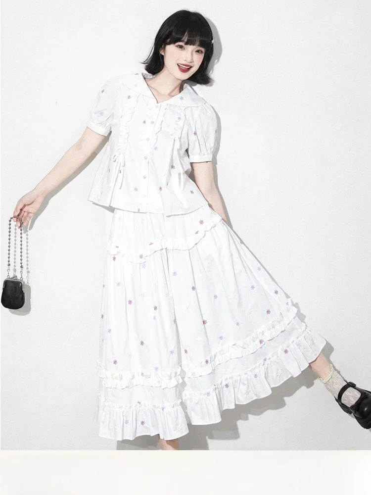 

Летний комплект для девочек: белая рубашка с вышивкой, пышными рукавами-фонариками, воротником «Питер Пэн», 3D цветочными декорациями, оригинальный дизайн, хлопок