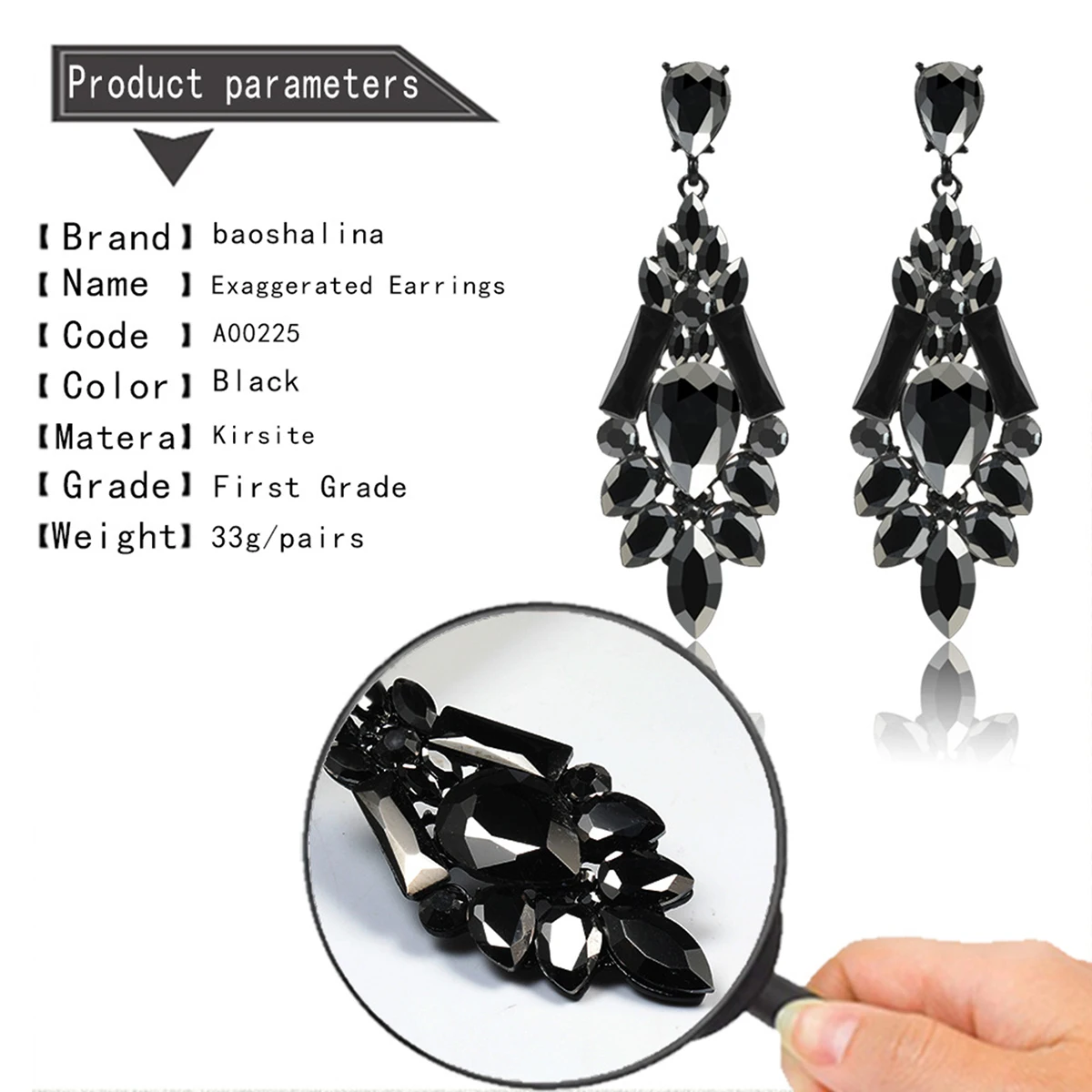 

1 Pair Exaggerated Rhinestone Earrings Long Retro Water Drop Shape Eardrop Earrings for Women (Black)
