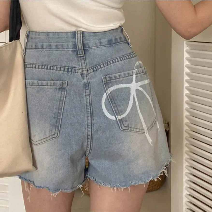 

Vintage Washed Knot Print Denim Shorts Women's High Waist Wide Leg Short Pants Summer Trendy Ageless Frayed