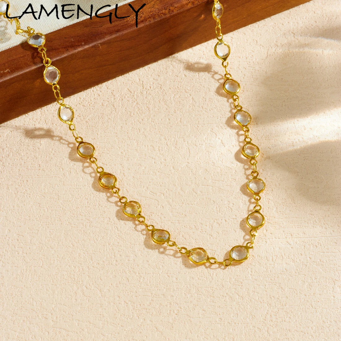 LAMENGLY 316L Stainless Steel Exquisite Crystal Inlay Geometric Shape Series Necklace Women Minimalist Style Neck Chain Jewelry
