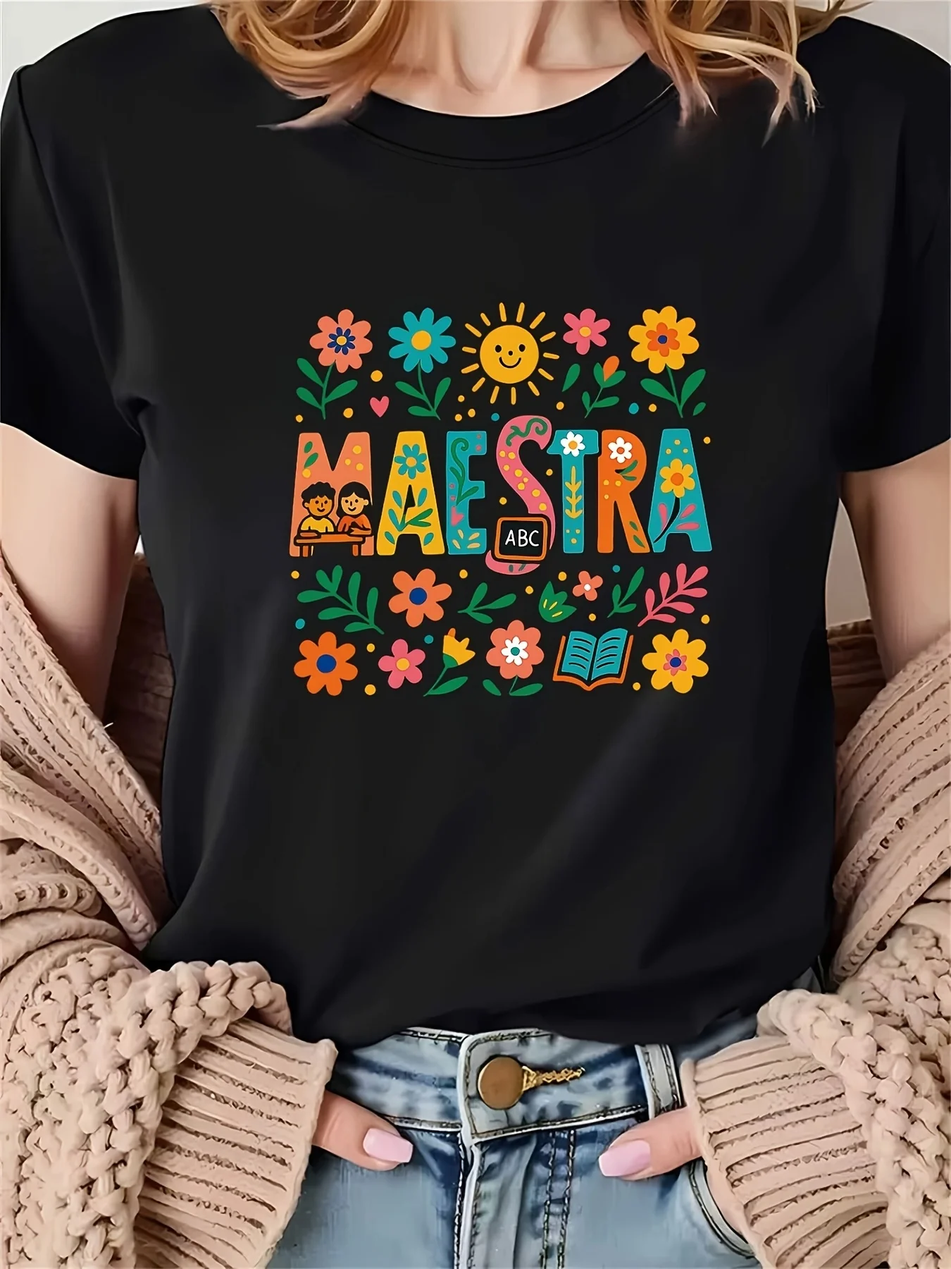 Women Maestra Spanish Word T Shirt Female Teacher Gift Black Short Sleeve Round Neck Tee with Book Teaching Tools Floral Design