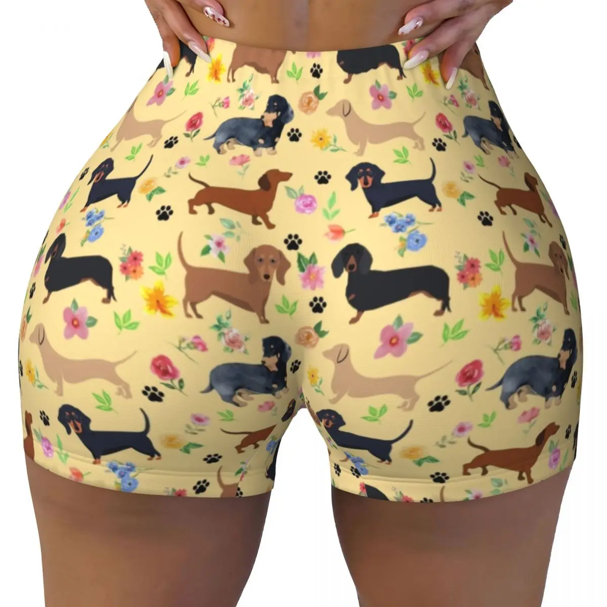 Custom Spring Dachshund Pattern With Flowers Workout Volleyball Biker Shorts for Women Badger Sausage Wiener Gym Yoga Shorts