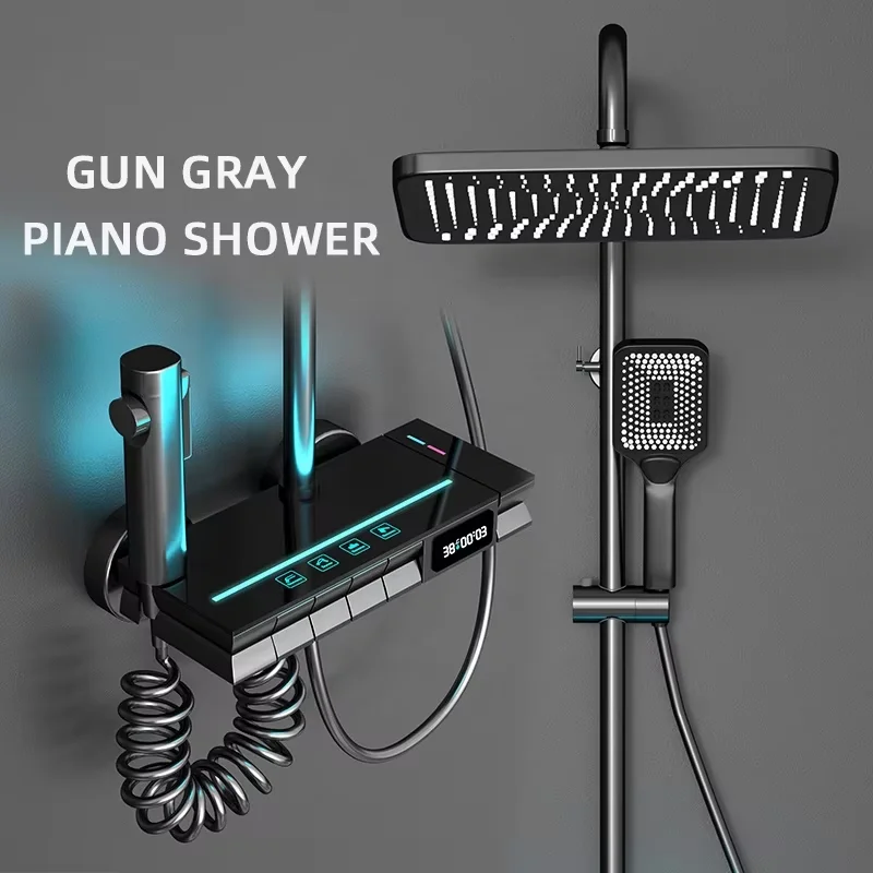Brass Wall Mounted Shower Digital Atmosphere Light Piano Digital Display Bathroom LED Shower Faucet Piano Shower Mixer Set