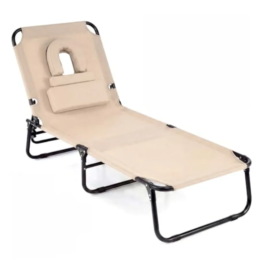 

Tanning Chair with Face Hole Pillows Adjustable Backrest Folding Chaise Lounge for Sunbathing Beach Seaside 1 Beige