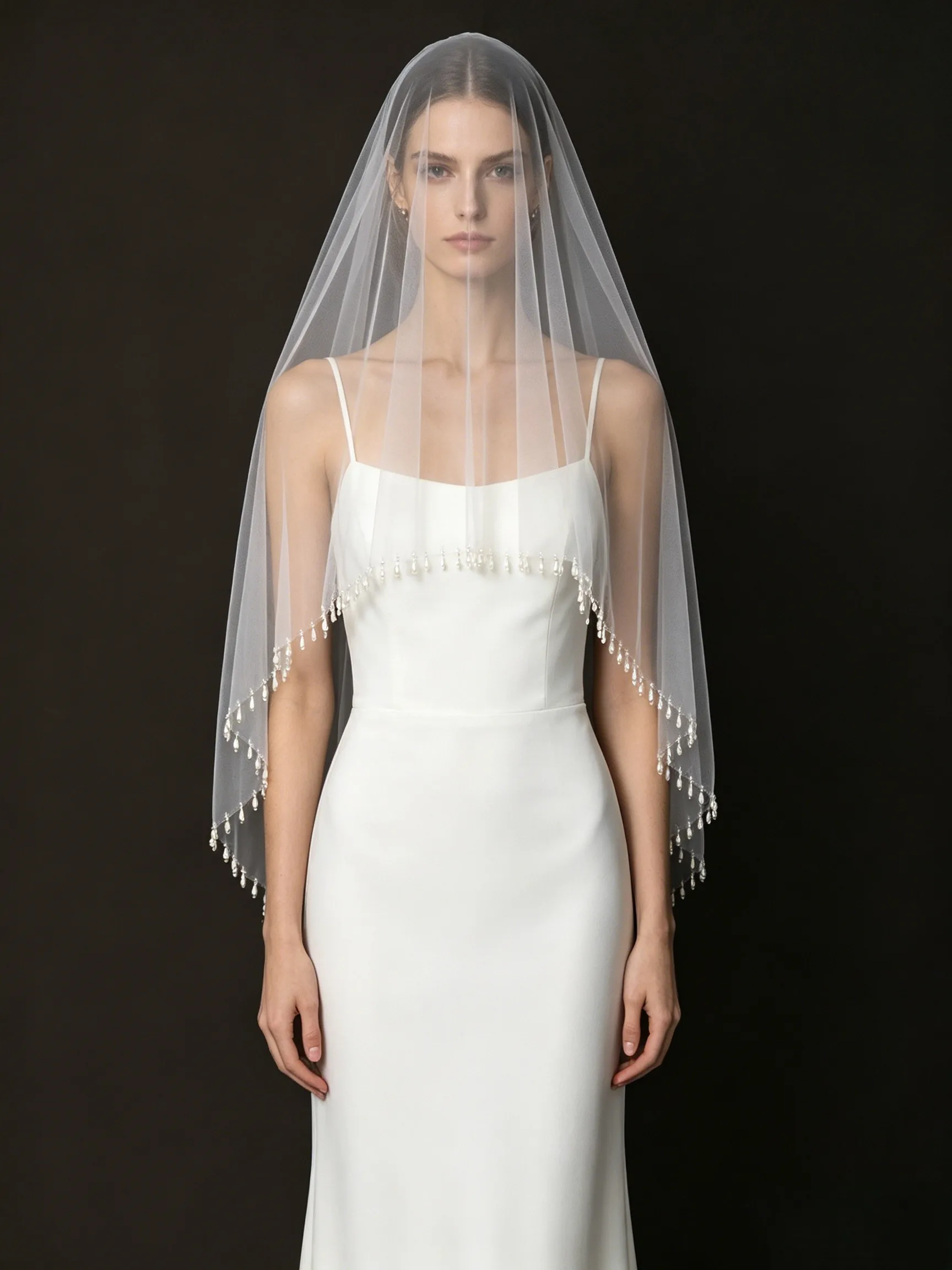 Handmade Waterdrop Pearl Crystal Fringe Veil Fingertip Length Double Layer Blusher Tulle Beaded Wedding Veil with Comb