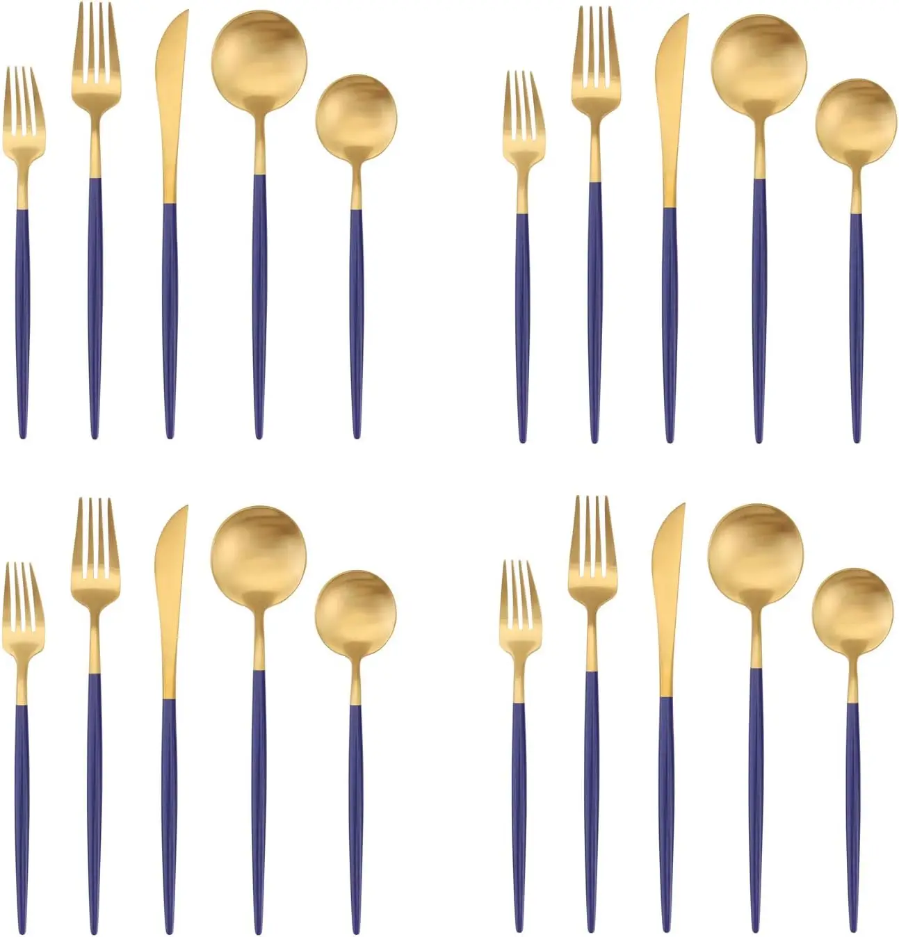 

Matte Gold Silverware Set with Blue Handle, 20-Piece Stainless Steel Flatware for 4, Satin Finish Dishwasher Safe