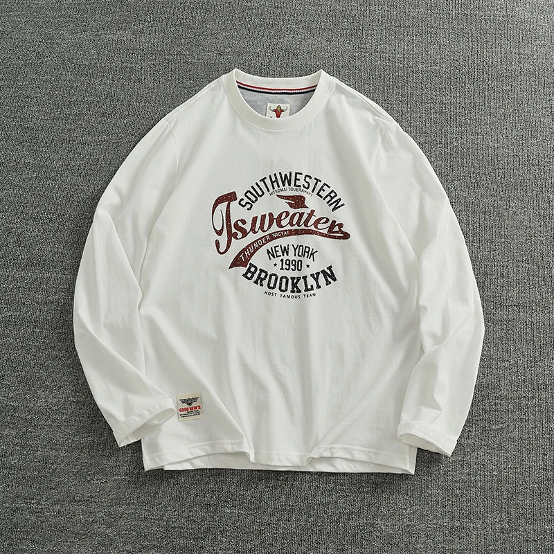 Autumn New American Retro Long-sleeved O-neck Letter Printed T-shirt Men's Fashion Simple 100% Cotton Washed Casual Sport Tops image 4