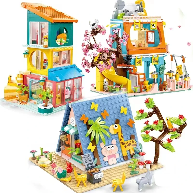 New Friends City Cat Hotel set Girl A-Frame Pet House Apartment Garden Villa Sakura Tree Building Blocks fai da te MOC Toy Kid Gift