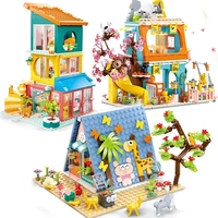 New  Friends City Cat Hotel Sets Girl A-Frame Pet House Apartment Garden Villa Sakura Tree Building Blocks DIY MOC Toy Kid Gift