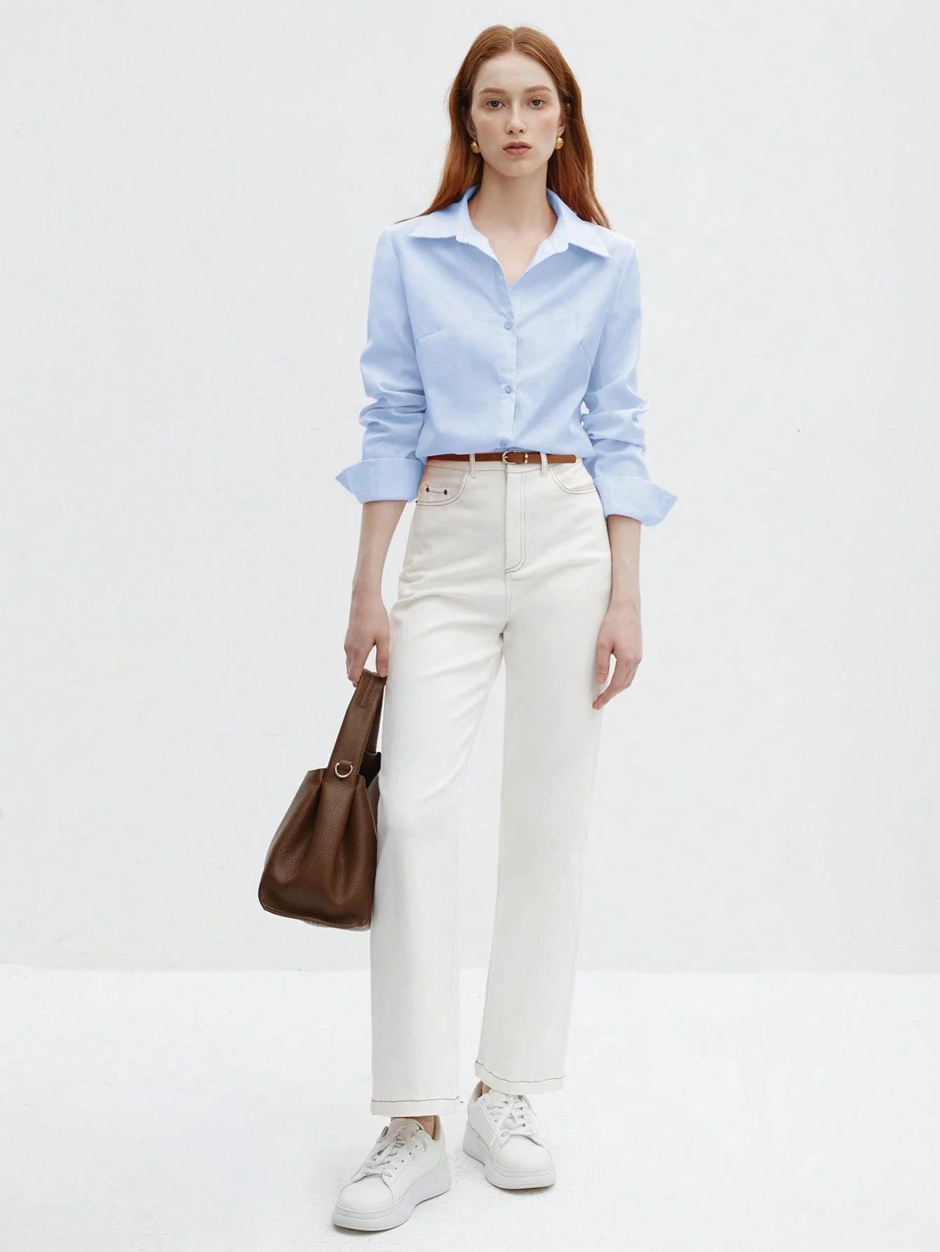 

Women's Casual Turn-Down Collar Long Sleeve Shirt, Minimalist Business Office Wear