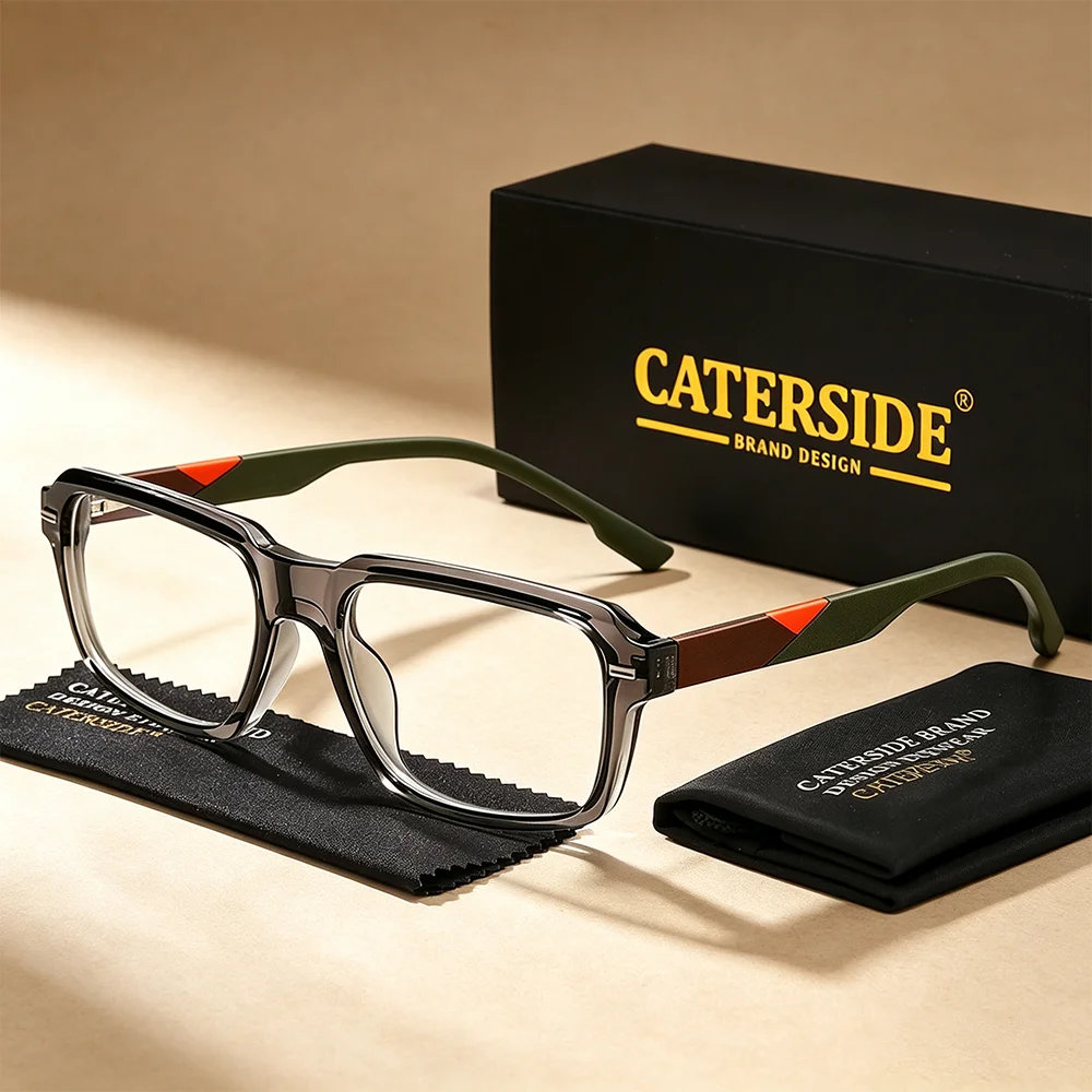 CATERSIDE Men Blue Light Glasses Rectangular Design Silicone Temple Spring Hinge Glasses Women Daily Indoor Activities Eyewear