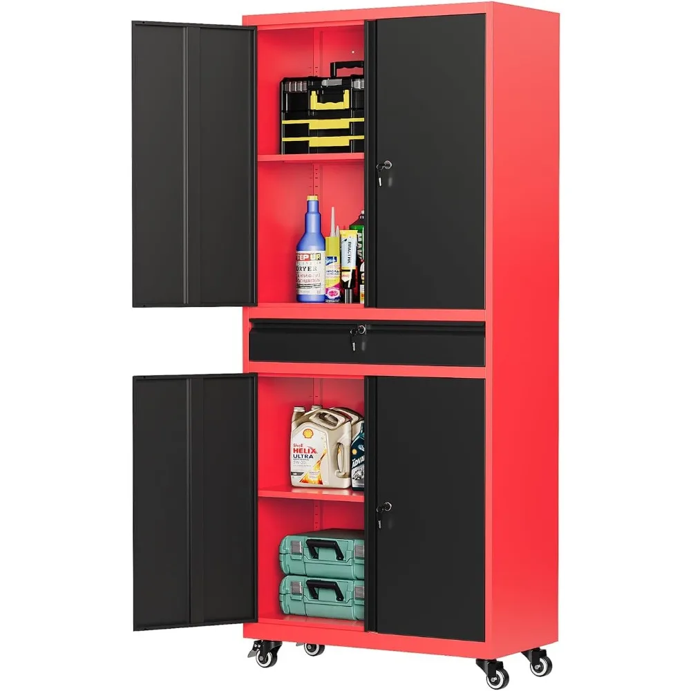 MIIIKO Storage Cabinet with Wheels, Metal Garage Cabinet with Drawer and Doors, Red Tall Rolling Storage Cabinet