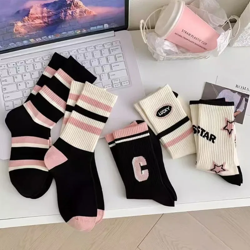 

5 пар женских носков до середины икры 2025 года, модные осенне-зимние милые дешевые теплые носки в спортивном стиле, нарядные женские носки в полоску для девочек