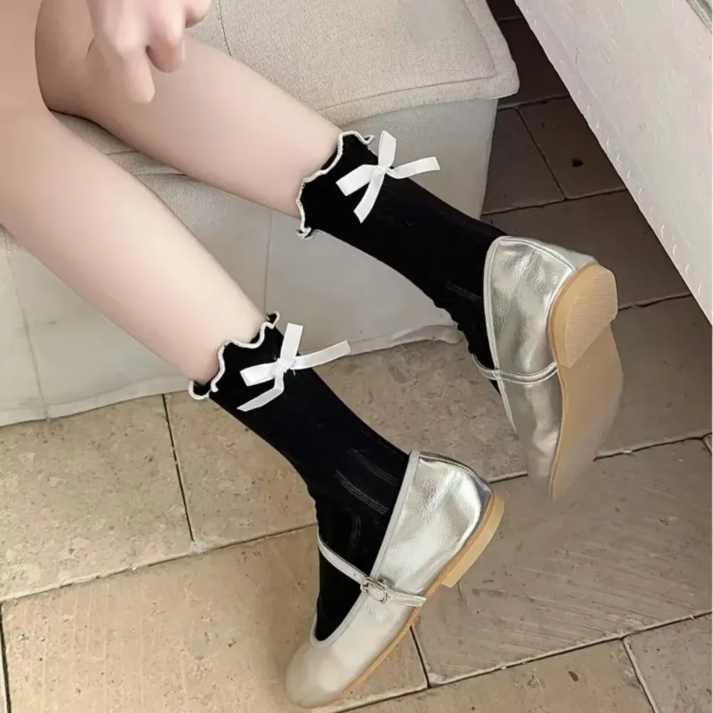 Crew Socks Women Bow Ruffle Trim Cotton Mid Calf Height Sweet Japanese JK Style Frilled Ankle Hosiery Soft Stretch Office Casual