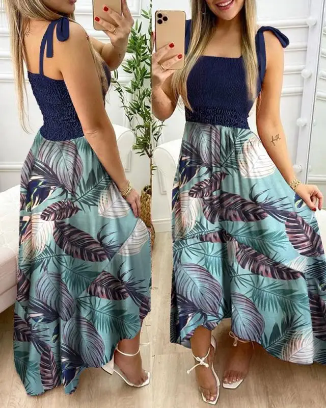 Zomer Sexy Spaghettiband Bloemenprint Maxi Jurk Voor Vrouwen Casual Elegante Borst Wrap Lange Vrouw Strandjurk Vakantie