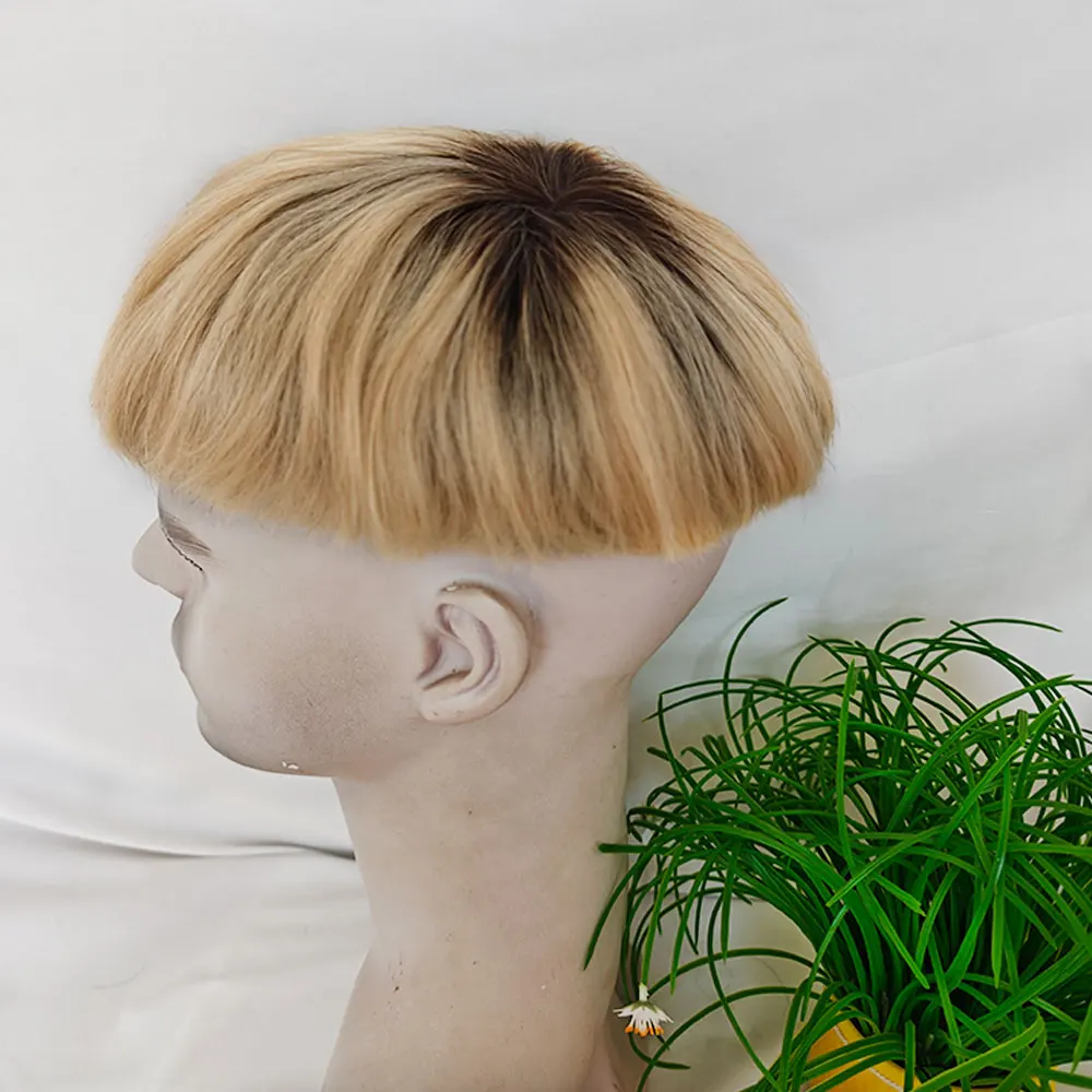 #4T613 Ombre Blonde Cut 3-4Inch Hair System Natural Hairline Men Toupee Dark Brown Short Human Hair Wigs Man Hair Piece for Men