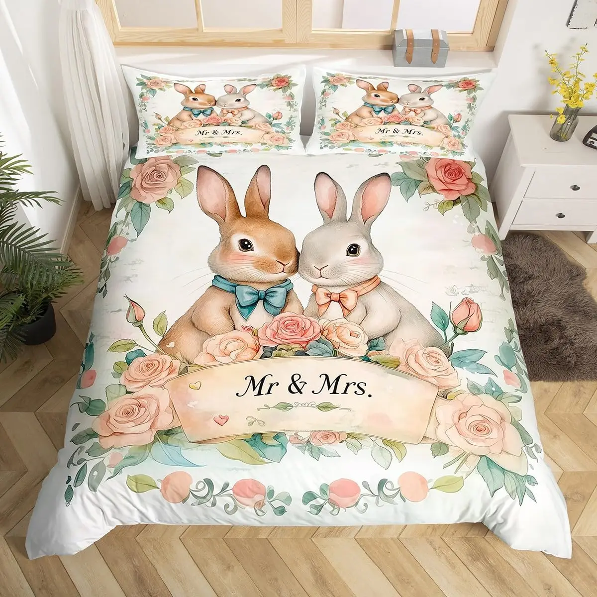 Kawaii Pet Rabbit Duvet Cover Set Full King Spring Botanical Leaves Bedding Set Easter Bunnies Couple Bowknot Print Quilt Cover