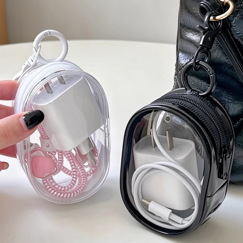 Portable Mini Clear Zipper Storage Bag with Keychain Cute Doll Jewelry Organizer Travel Cosmetics Case Cute PVC Dustproof Bags