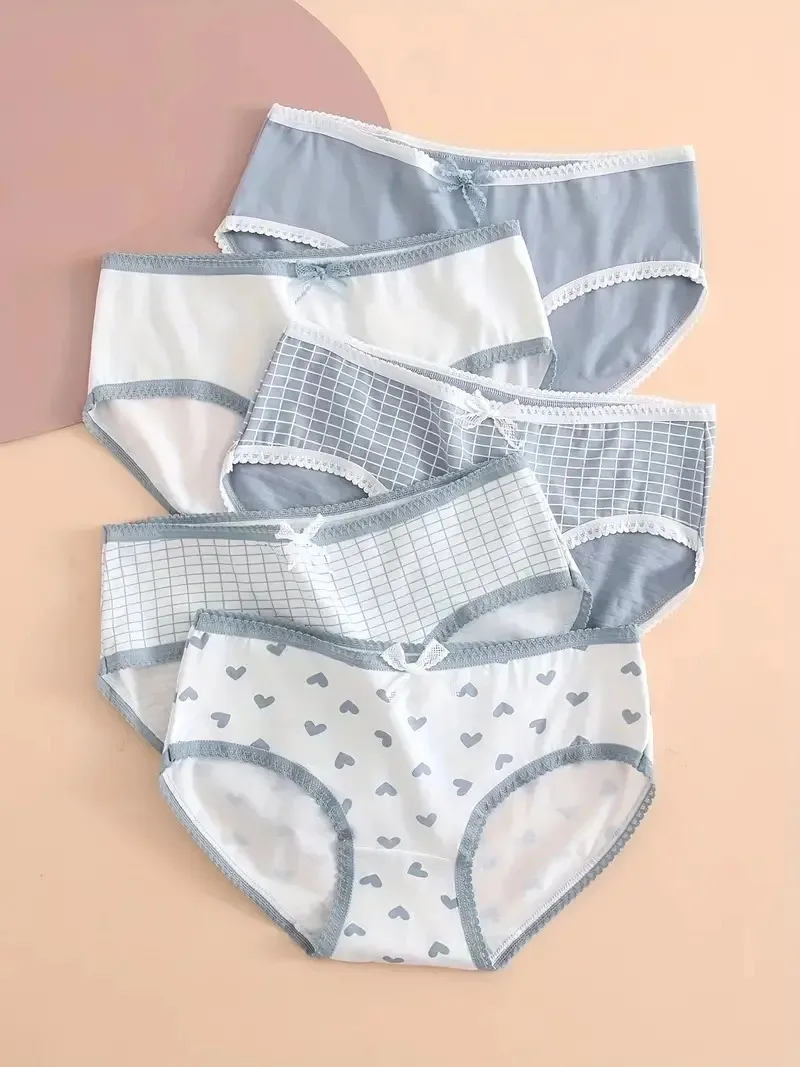 5pcs Heart Plaid Print Briefs Comfy Cute Bow Intimates Panties Women\'s Lingerie Underwear
