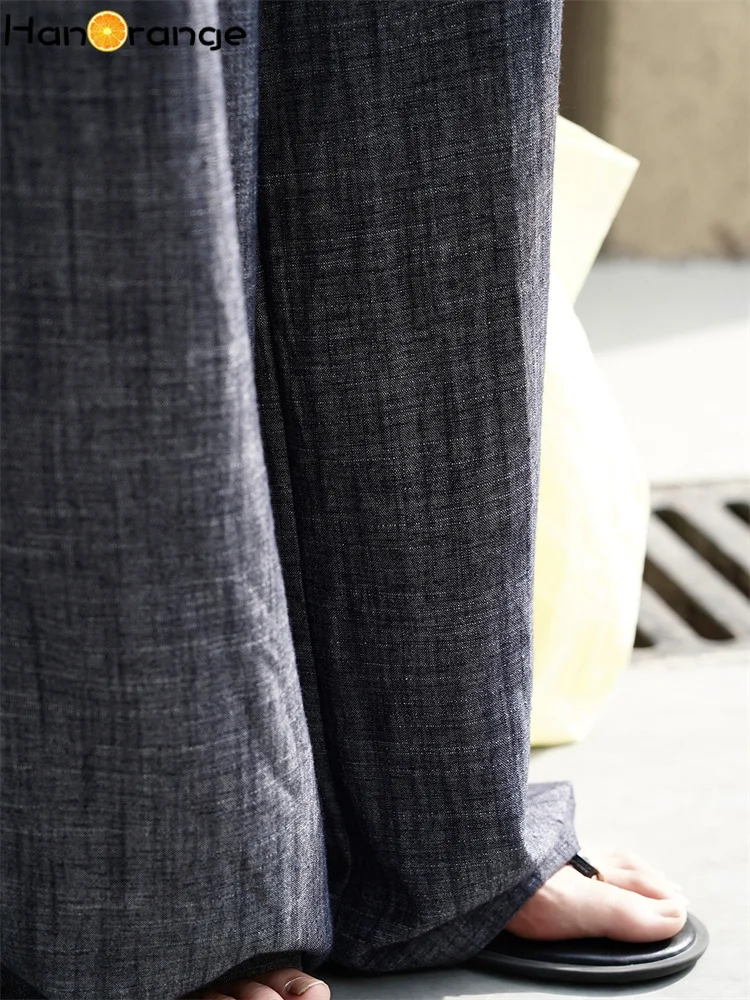 HanOrange 2025 Summer Splicing Linen Casual Pants Women Retro Drip Dry Breathable Trousers Black Gray