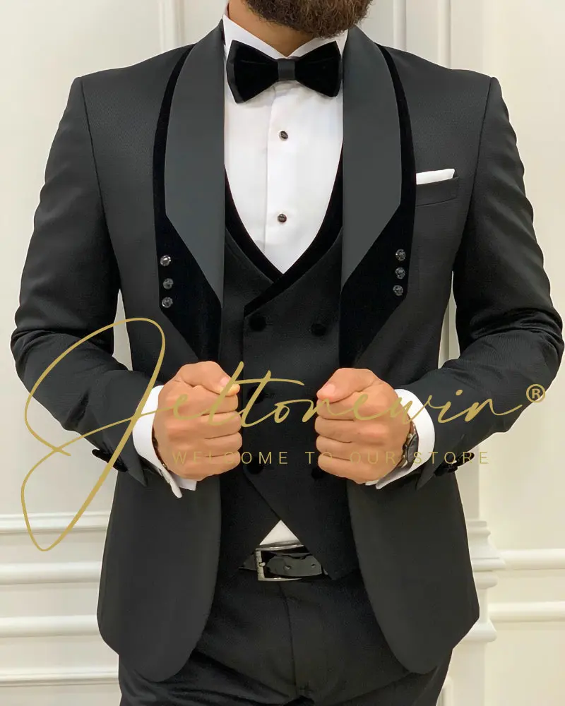 

Wedding Suit For Men Latest Designs Black Jacket Vest Pants Male Party Dress Tuxedo Terno Masculino 3 Piece Set