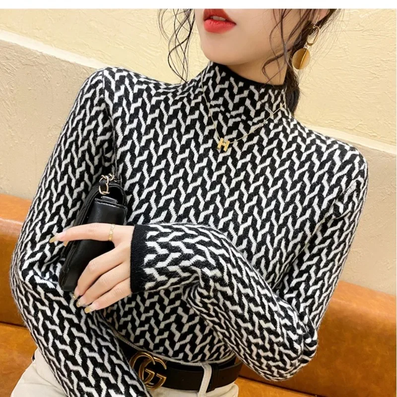 Women's Autumn Half High Neck Plus Velvet Pullover Long Sleeve Underlay Chic Sweater Fashion Versatile Elegant Lady Tops E653