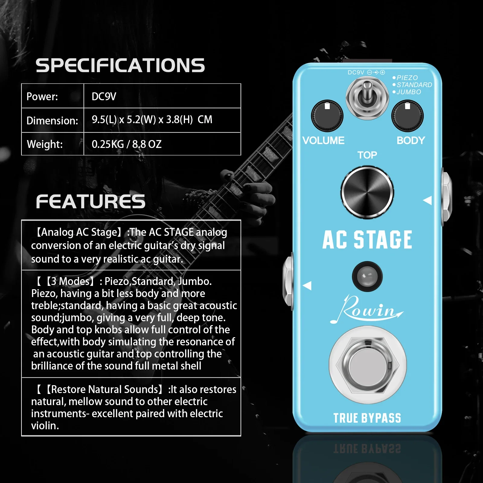 Rowin AC Stage Acoustic Guitar Effect Pedal Acoustic Simulator Effector Mini Pedal Jumbo Folk Guitar Parts Pure Sky Blue