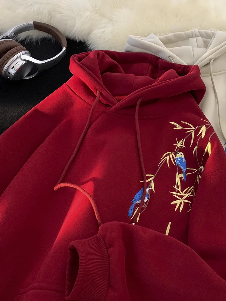 

Red Embroidered Fce Lined Hoodie Men's Autumn Winter Thi Heavy Dragon Year Clothes New Year's Battle Robe Outfit