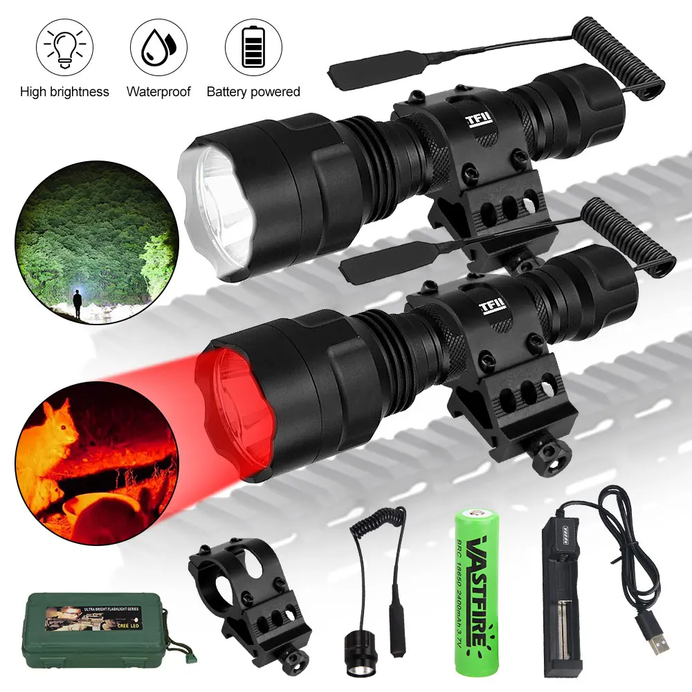 Professional LED Flashlight for Hunting Green/Red/White Light Tactical Night Scout Lights Set Fish Light USB Rechargeable Torch