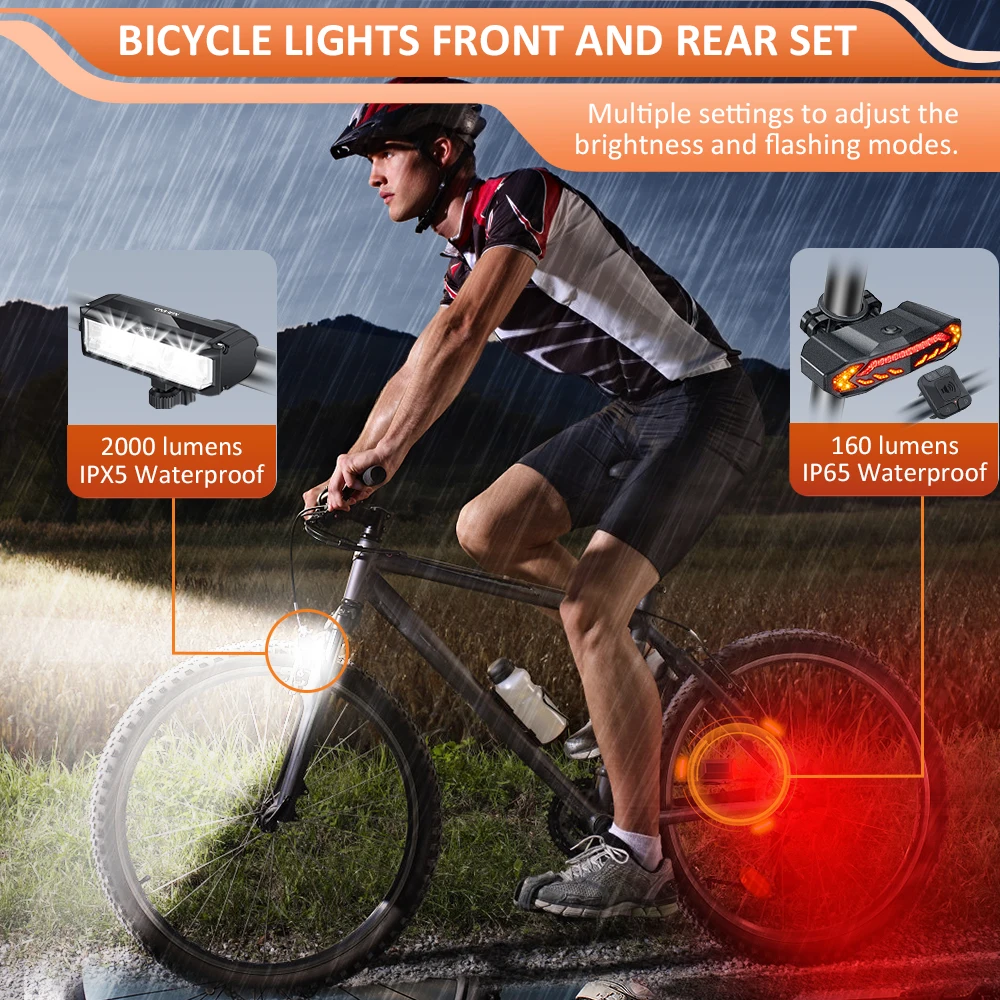 Wsdcam Bike Light Set Remote Control Bike Tail Light with Turn Signals Bike Brake Alarm Bike Headlight Rear and Front Lamp