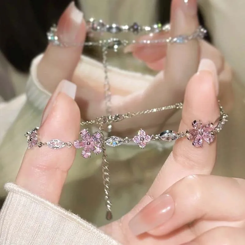 Elegant Fairy Pink Crystal Zircon Sakura Flowers Bracelet for Women Y2K Sweet Girls Cherry Blossom Moon Bow Knot Jewelry Gifts