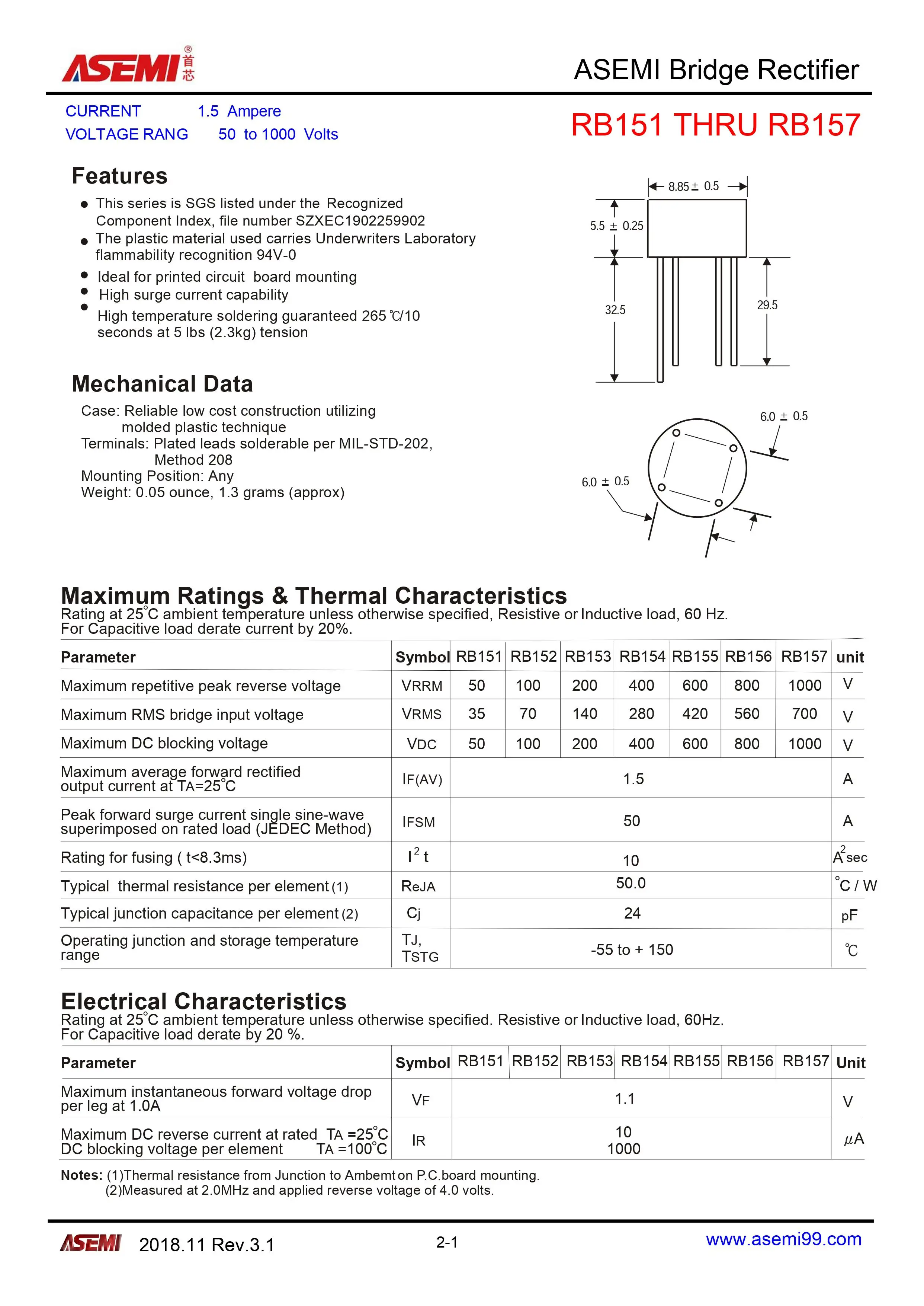 Retificador ASEMI-ponte, brandnew, RB157, 1.5A, 1000V, 10 PCes