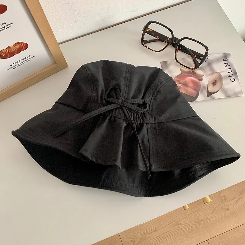 Korean Version of Simple Solid Color Versatile Bucket Hat Women's Summer Foldable Large Brim Sunshade Elastic Bow Sun Cap