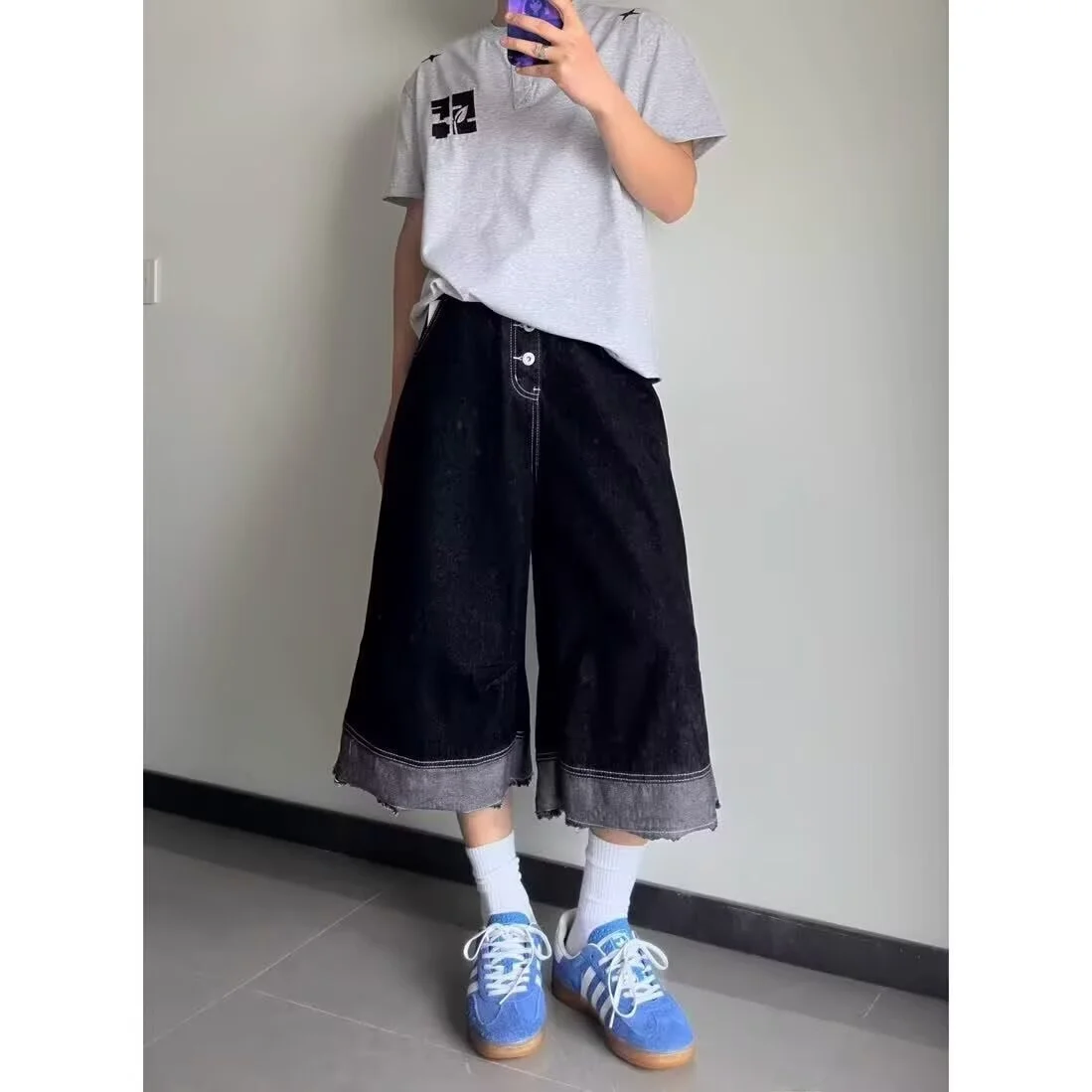 

Мужские джинсовые шорты в американском уличном стиле, ретро, с эффектом потертости, повседневные, свободные, широкие, укороченные (7/8)