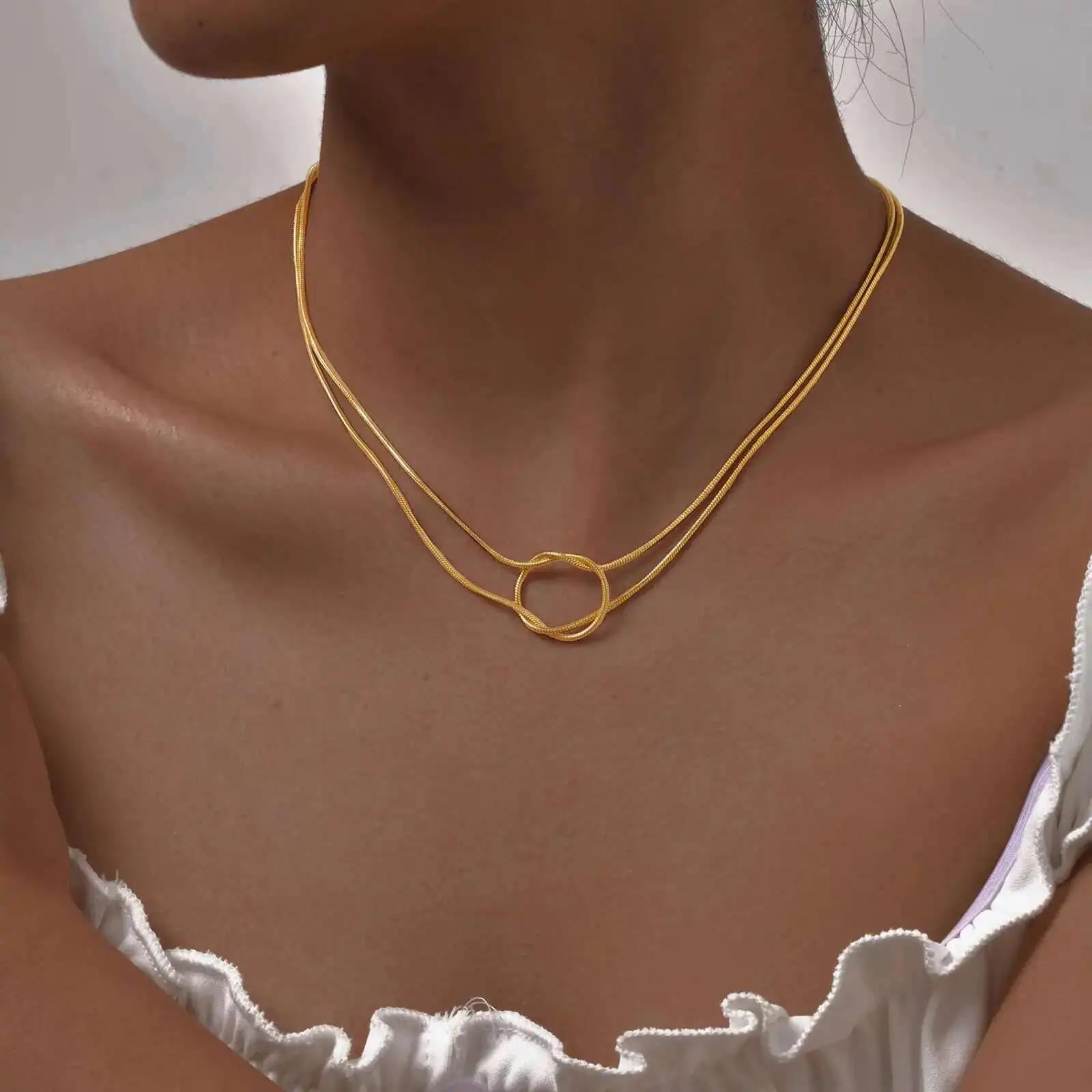 

Love Knot Necklaces, Double Layer Snake Chain Infinity link Necklace for Womem, Adjustable Stainless Steel Waterproof Jewelry