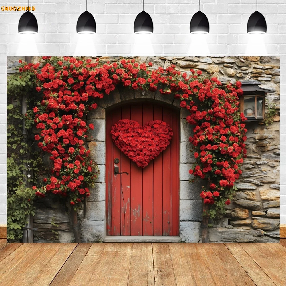 Fondo romántico del Día de San Valentín flor rojo amor corazón casa puerta de madera pareja retrato boda fiesta fotografía fondo