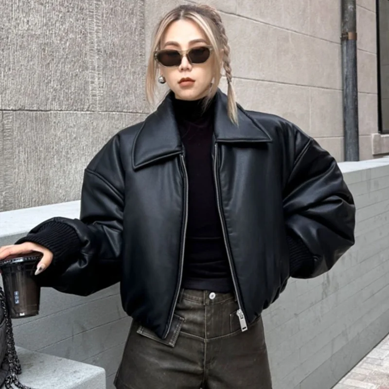 Winter Parka Coat Women's Jacket Thick Warm Women Fashion Black PU Leather Coats Women Elegant Zipper Faux Leather Jackets Tops